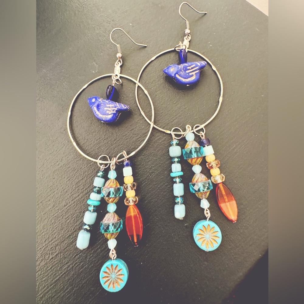 Handcrafted Blue and Orange Bird Boho Earrings